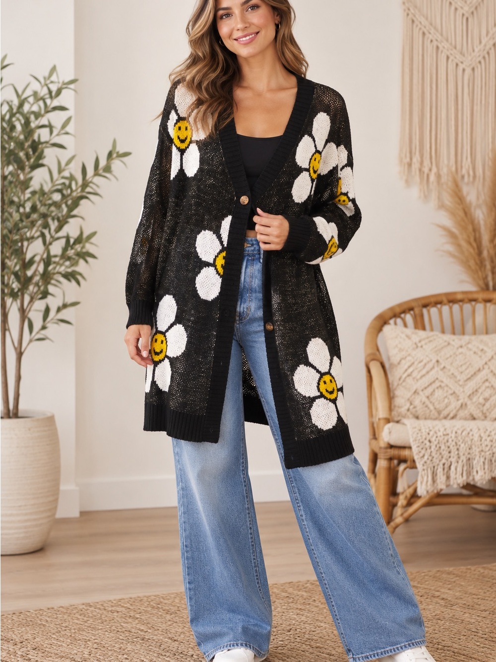 Daisy Smiley Long Button-Front Cardigan (090878) 🌼 😊